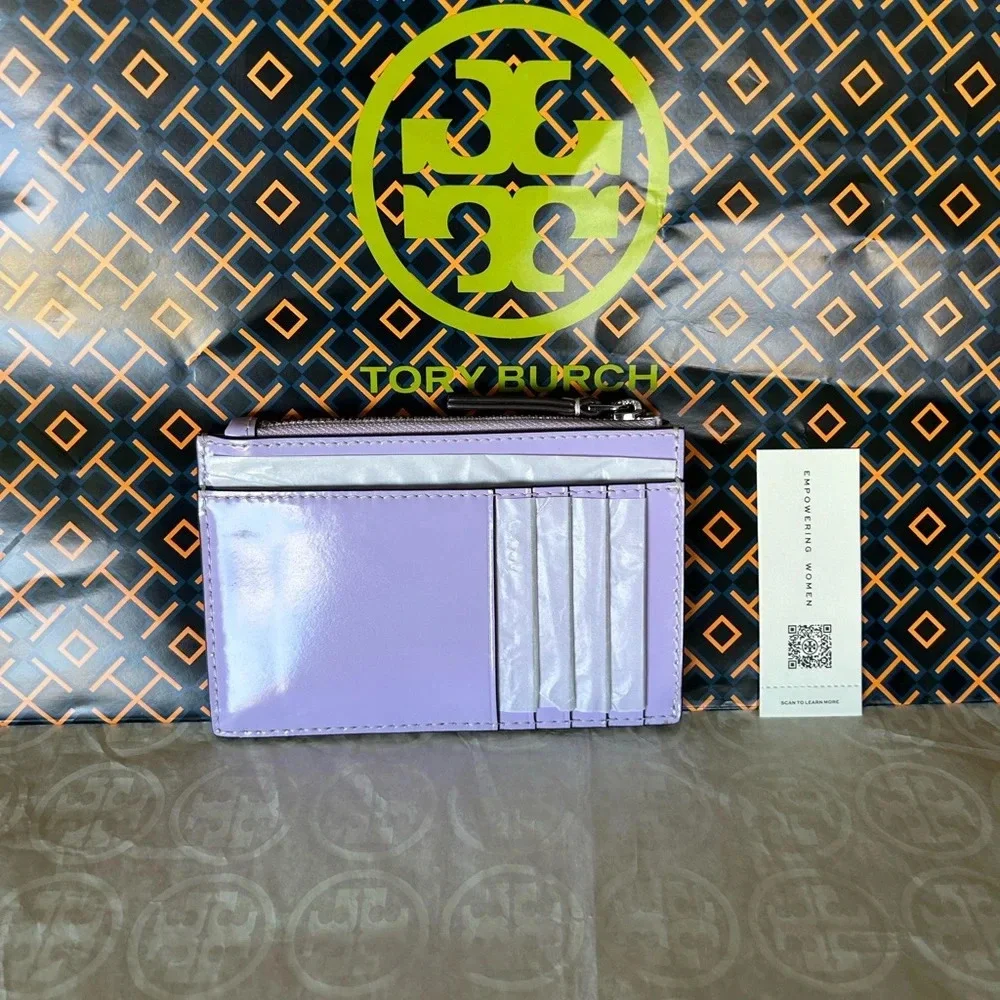 Tory Burch Britten Patent Zip Card Case Mini Wallet Lavender Silver Light Purple